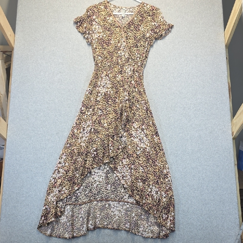 American Rag Leopard Print Hi Low Wrap Dress Short Sleeve Size S
